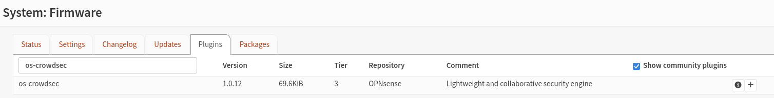 OPNsense plugins page showing os-crowdsec and the Show community plugins checkbox